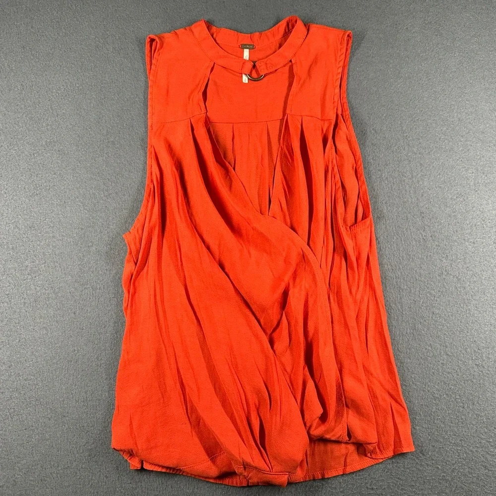 Free People Sleeveless Blouse Small Orange‎ Sleeveless Draped Ring Detail Top